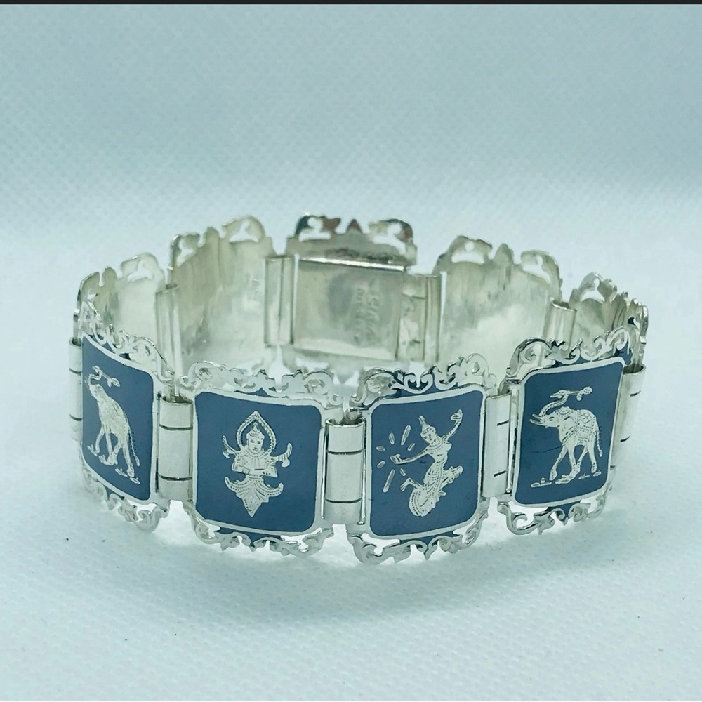 Vintage Silver Siam Niello Dancing Goddess Ornate Bracelet, 7 1/4” Long